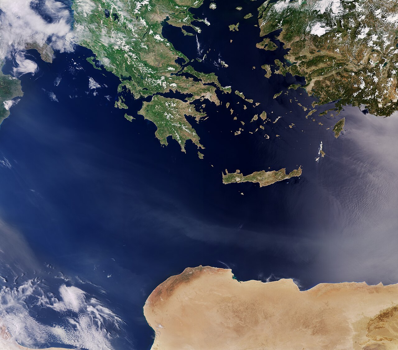 Δορυφορική εικόνα Sentinel-3 της Μεσογείου με Ελλάδα, Κρήτη, Τουρκία και Λιβύη — η περιοχή που καλύπτει το Πρωτόκολλο ΟΔΠΖ