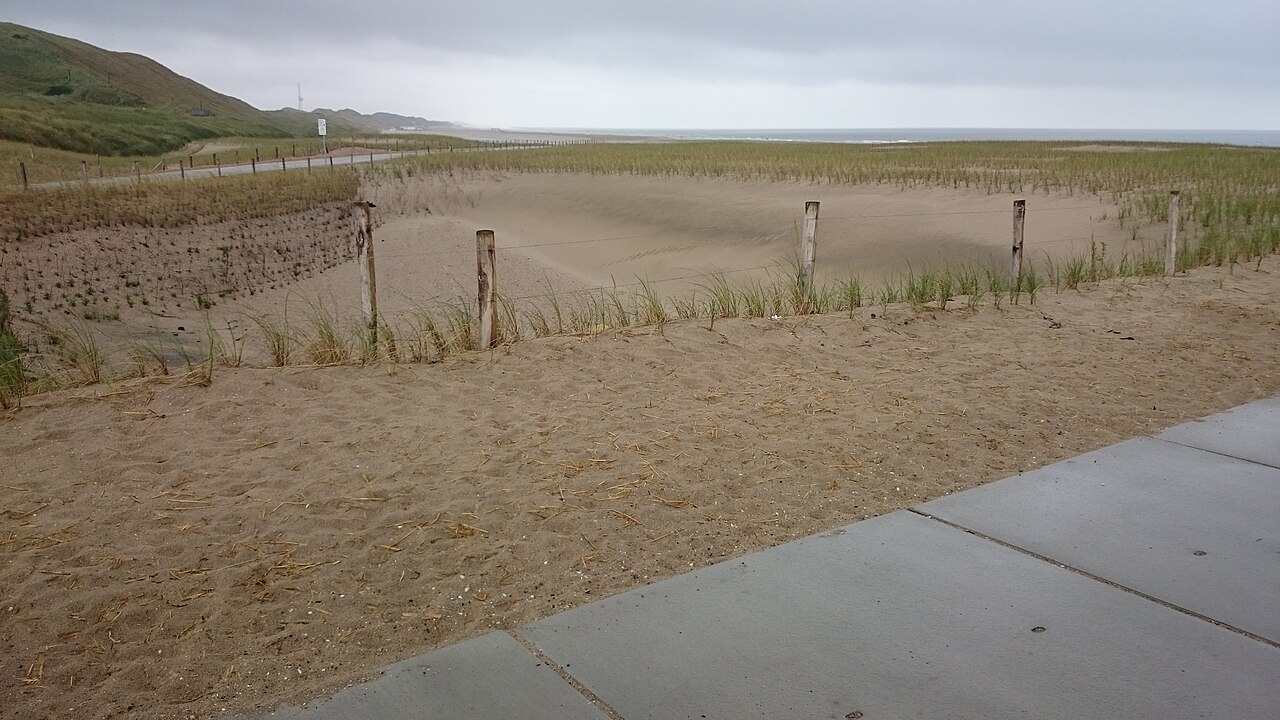 Hondsbossche Dunes after 2015 remodeling — view of the new sand-based dune landscape looking south along the North Sea coast near Petten, Netherlands