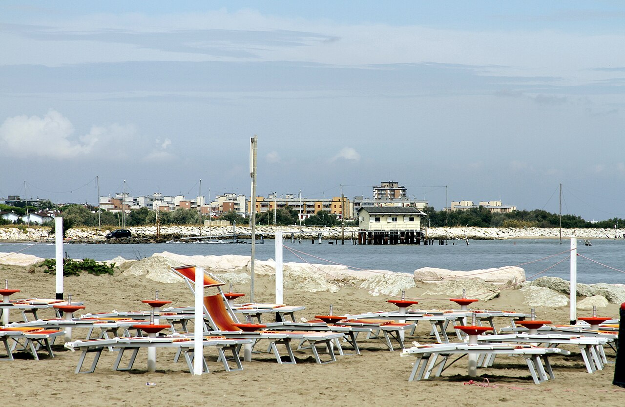 Lido di Dante beach looking towards Lido di Adriano, Ravenna, Italy — the Adriatic coastline after hybrid coastal protection